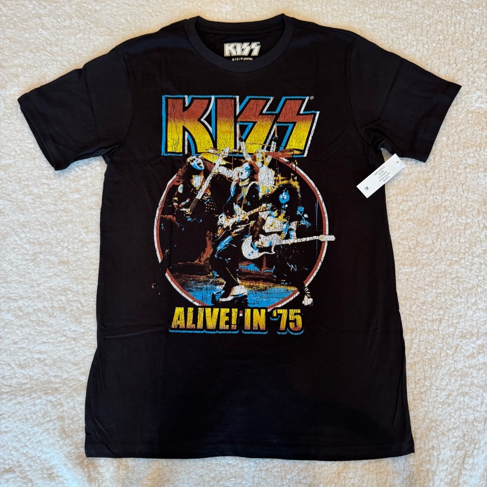 KISS Alive in 75 Graphic Tee Black Band Shirt Unisex Small‎ Vintage Style NWT
